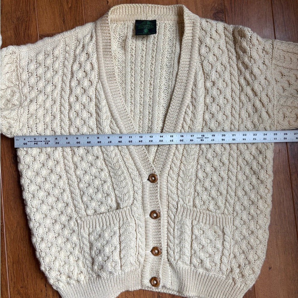 Traditional Vintage Aran Irish Fisherman Wool Cable Knit Cardigan Sweater. XL - Picture 7 of 9